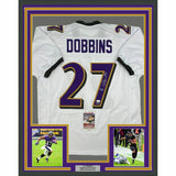 FRAMED Autographed/Signed JK J.K. DOBBINS 33x42 Baltimore White Jersey JSA COA