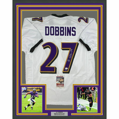 FRAMED Autographed/Signed JK J.K. DOBBINS 33x42 Baltimore White Jersey JSA COA