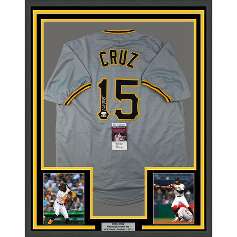 Framed Autographed/Signed Oneil Cruz 33x42 Pittsburgh Grey Jersey JSA COA