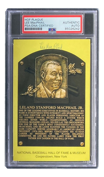Lee MacPhail Signed 4x6 New York Yankees HOF Plaque Card PSA/DNA 85026242