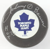 Johnny Bower Signed Toronto Maple Leafs Logo Hockey Puck Inscr "HOF 76"(Beckett)