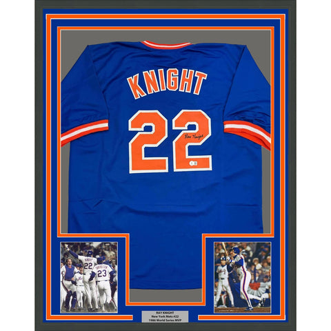 Framed Autographed/Signed Ray Knight 35x39 New York Blue Jersey BAS COA