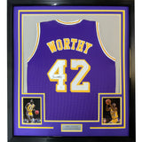 Framed Autographed/Signed James Worthy 33x42 LA Purple Jersey JSA COA