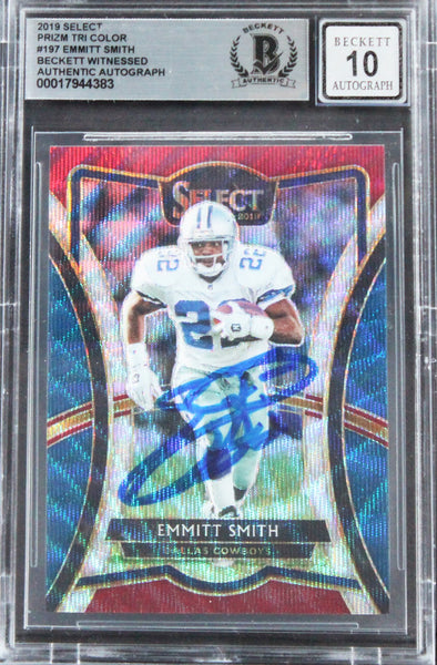 Emmitt Smith Signed 2019 Select Prizm Tri Color #197 Card Auto 10! BAS Slabbed