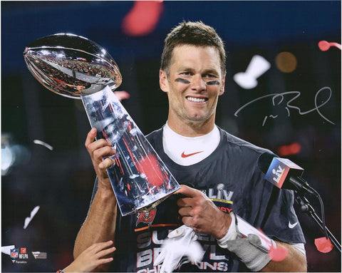 Tom Brady Tampa Bay Buccaneers Signed 16x20 Super Bowl LV Trophy Photograph