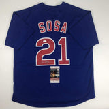 Autographed/Signed Sammy Sosa Chicago Blue Baseball Jersey JSA COA