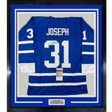 Framed Autographed/Signed Curtis Joseph 35x39 Toronto Blue Jersey JSA COA