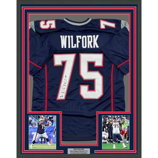 Framed Autographed/Signed Vince Wilfork 35x39 New England Jersey Beckett BAS COA