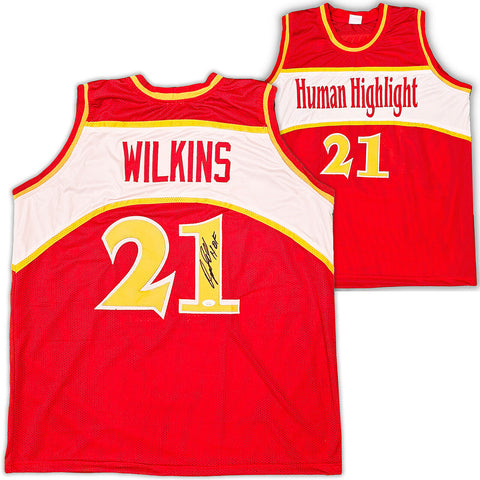 ATLANTA HAWKS DOMINIQUE WILKINS AUTOGRAPHED RED JERSEY "HOF" JSA STOCK #215699