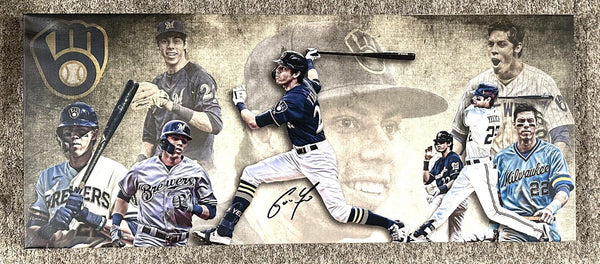 Brewers CHRISTIAN YELICH Signed 13x31 Stretched Canvas Milw Collage AUTO - BAS