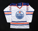 Andy Moog Signed Edmonton Oilers Inscribed "3x S. Cup" White Jersey (JSA COA)