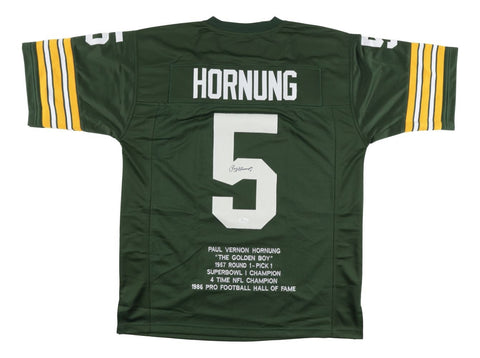 Paul Hornung Green Bay Signed Green Stat Football Jersey JSA