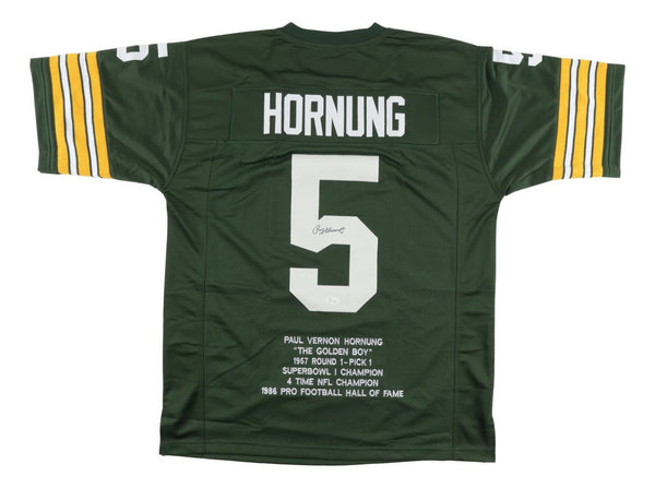 Paul Hornung Green Bay Signed Green Stat Football Jersey JSA