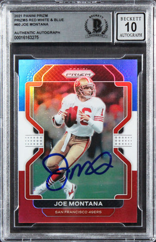49ers Joe Montana Signed 2021 Panini Prizm RW&B #60 Card Auto 10! BAS Slabbed