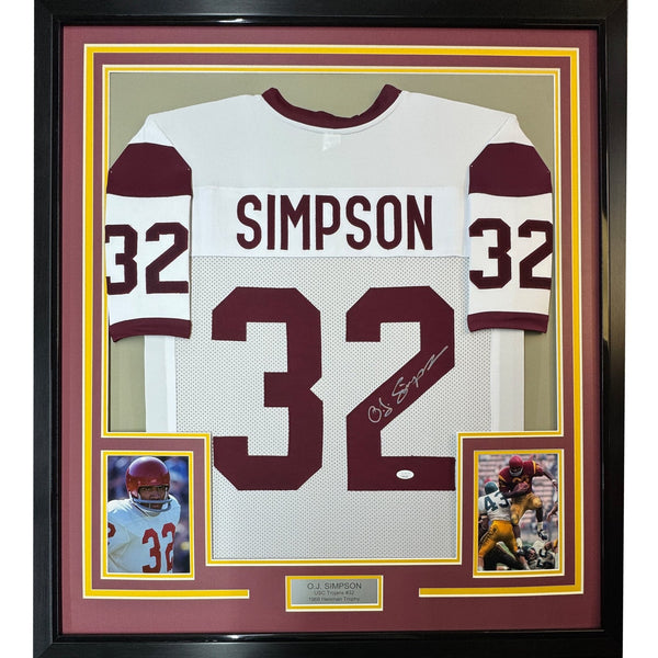 Framed Autographed/Signed OJ O.J. Simpson 35x39 USC White Jersey JSA COA