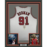 FRAMED Autographed/Signed DENNIS RODMAN 33x42 Chicago White Jersey JSA COA