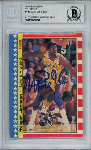 Magic Johnson Signed 1987-88 Fleer Sticker #1 Trading Card Beckett Slab 37685