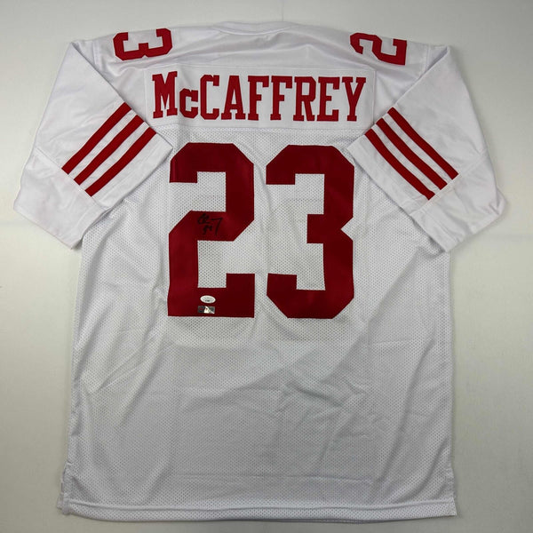 Autographed/Signed Christian McCaffrey San Francisco White Jersey JSA COA