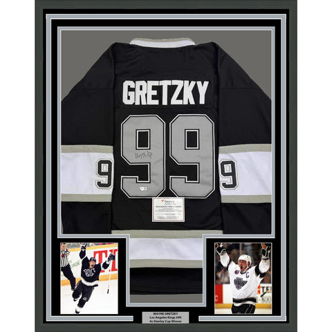 Framed Autographed/Signed Wayne Gretzky 35x39 Kings Black Jersey Fanatics COA