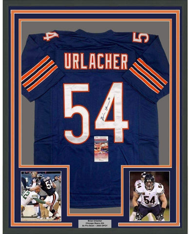 Framed Autographed/Signed Brian Urlacher 33x42 Chicago Blue Jersey JSA COA
