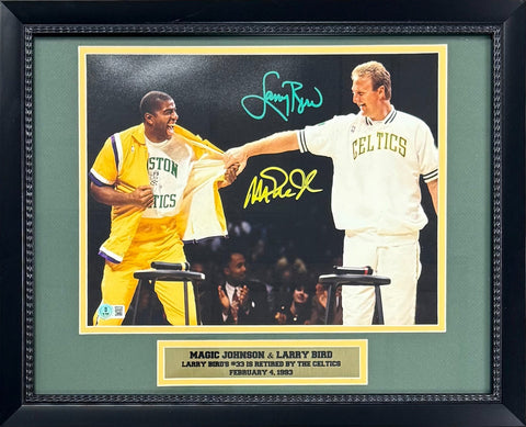 Magic Johnson & Larry Bird Autographed Retirement Framed 11x14 Photo Beckett COA