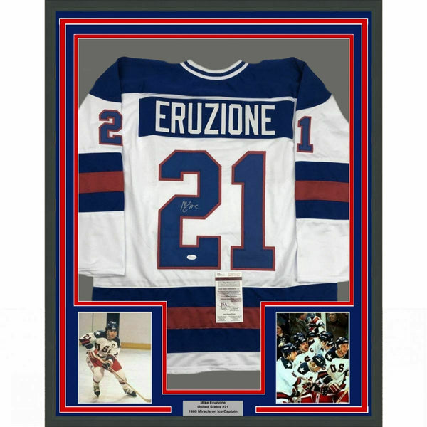 FRAMED Autographed/Signed MIKE ERUZIONE 33x42 White USA Hockey Jersey JSA COA