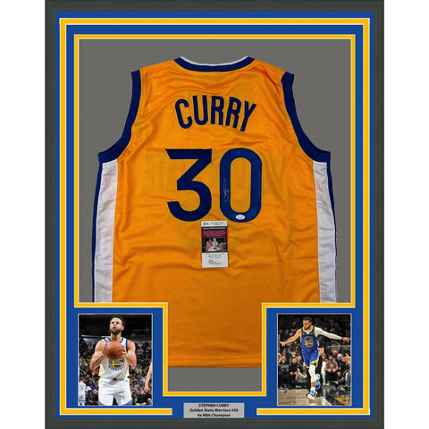 Framed Autographed/Signed Stephen Steph Curry 33x42 Yellow Jersey JSA COA