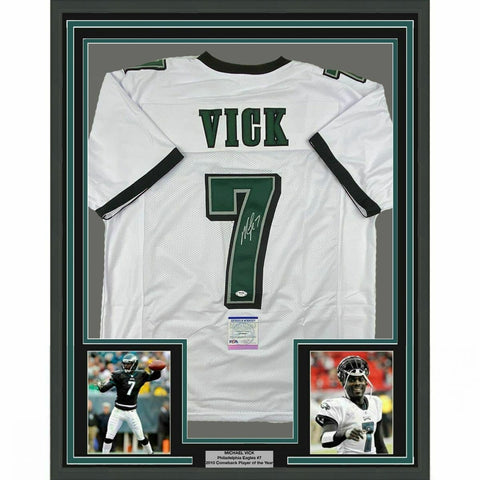 FRAMED Autographed/Signed MICHAEL VICK 33x42 Philadelphia White Jersey PSA COA