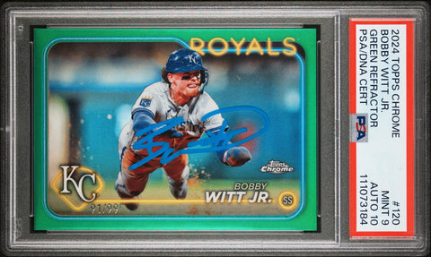 Bobby Witt Jr. Signed 2024 Topps Green Refractor #120 Card 9 Auto 10! PSA Slab
