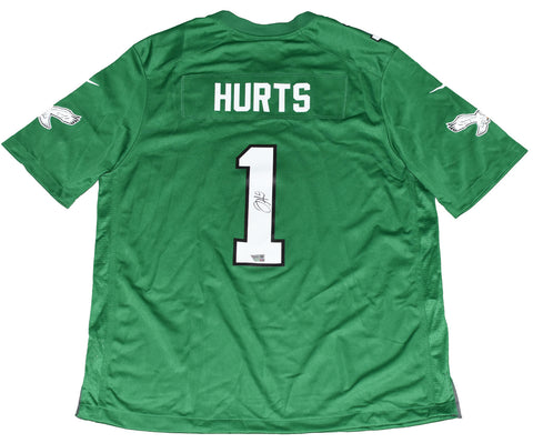 JALEN HURTS SIGNED PHILADELPHIA EAGLES #1 KELLY GREEN NIKE SUPER BOWL LIX JERSEY