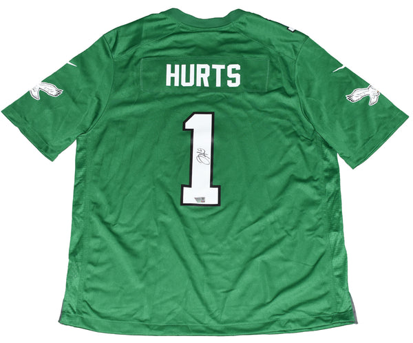 JALEN HURTS SIGNED PHILADELPHIA EAGLES #1 KELLY GREEN NIKE SUPER BOWL LIX JERSEY