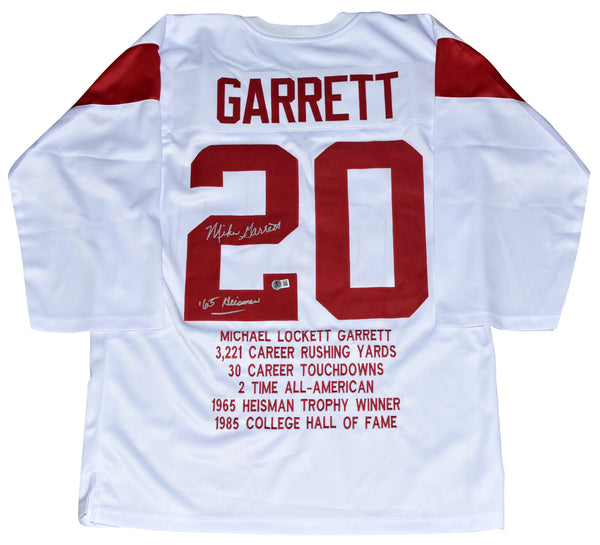 MIKE GARRETT SIGNED USC TROJANS #20 WHITE THROWBACK STAT JERSEY W/ 65 HEISMAN