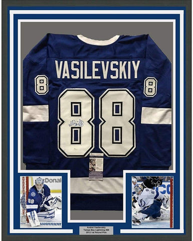 Framed Autographed/Signed Andrei Vasilevskiy 33x42 Tampa Bay Blue Jersey JSA COA