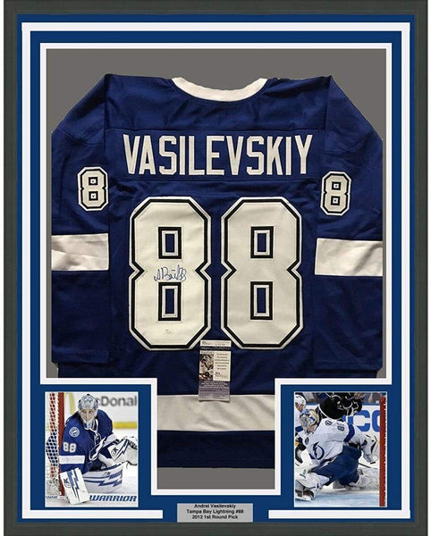 Framed Autographed/Signed Andrei Vasilevskiy 33x42 Tampa Bay Blue Jersey JSA COA