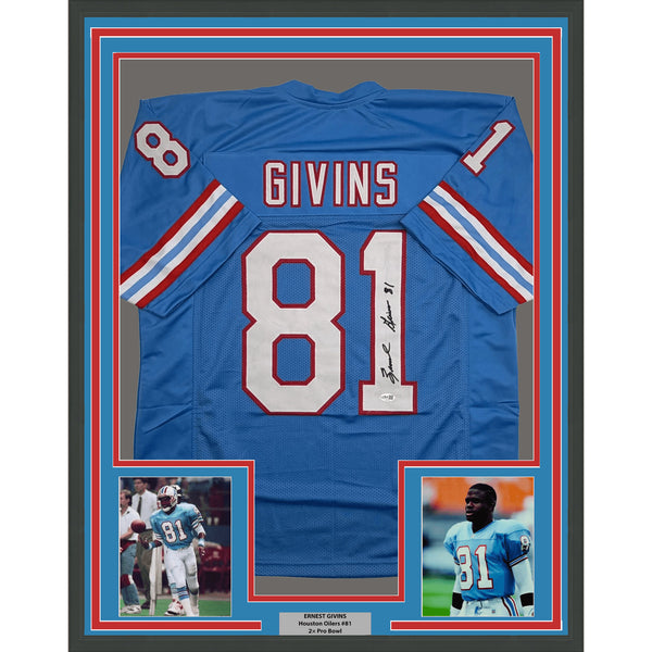 Framed Autographed/Signed Ernest Givins 35x39 Houston Blue Jersey JSA COA