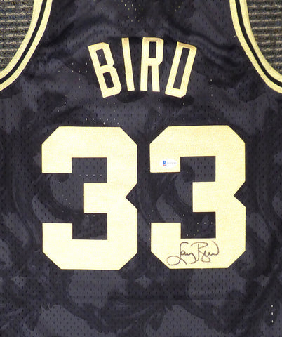 CELTICS LARRY BIRD AUTOGRAPHED BLACK M&N GOLD TOILE JERSEY M BECKETT 177714