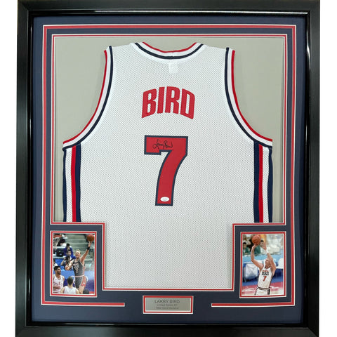 Framed Autographed/Signed Larry Bird 33x42 USA 1992 Dream Team Jersey JSA COA