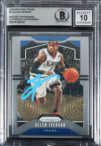 76ers Allen Iverson Signed 2019 Panini Prizm #6 Card Auto 10! BAS Slabbed