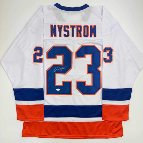 Autographed/Signed Bob Nystrom New York White Hockey Jersey JSA COA