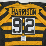 Autographed/Signed JAMES HARRISON Pittsburgh Bumble Bee Football Jersey BAS COA