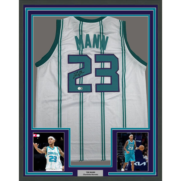 Framed Autographed/Signed Tre Mann 35x39 Charlotte White Jersey Beckett COA