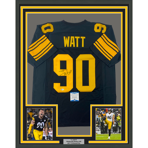 Framed Autographed/Signed TJ T.J. Watt 33x42 Pittsburgh CR Jersey Beckett COA