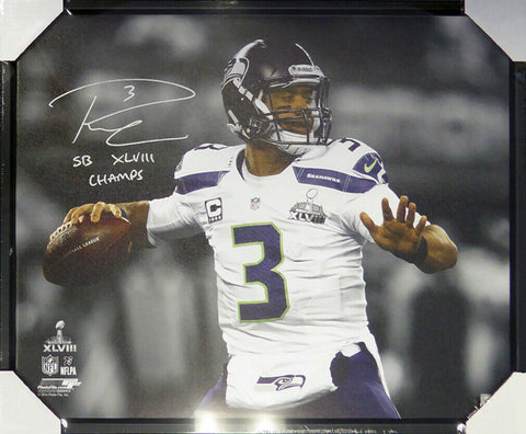 RUSSELL WILSON AUTOGRAPHED SIGNED FRAMED 24X30 CANVAS PHOTO SB CHAMPS RW 107483