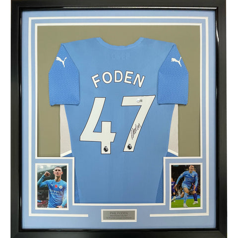 Framed Autographed/Signed Phil Foden 33x42 Man City Blue Futbol Jersey BAS COA