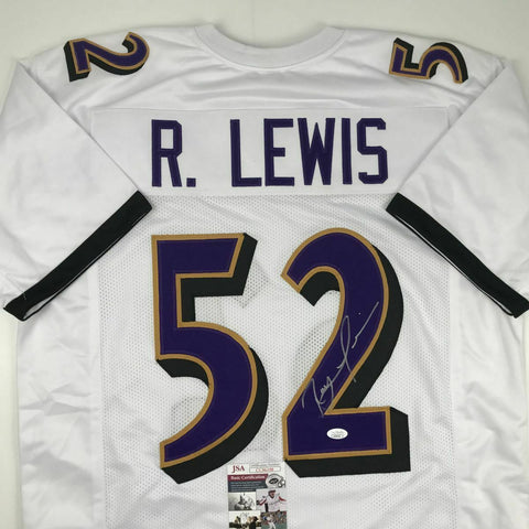 Autographed/Signed RAY LEWIS Baltimore White Football Jersey JSA COA Auto