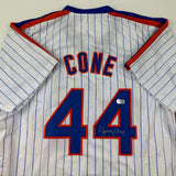 Autographed/Signed David Cone New York Pinstripe Baseball Jersey Beckett BAS COA