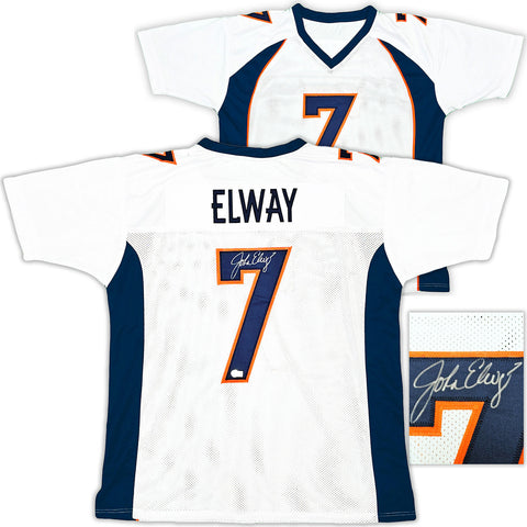 DENVER BRONCOS JOHN ELWAY AUTOGRAPHED WHITE & BLUE JERSEY BECKETT WITNESS 220370