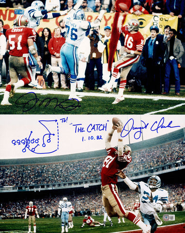 JOE MONTANA & DWIGHT CLARK AUTOGRAPHED 16X20 PHOTO CATCH SKETCH BECKETT 232732