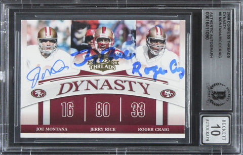 49ers Montana, Rice & Craig Signed 2008 Donruss Threads #6 Card Auto 10 BAS Slab