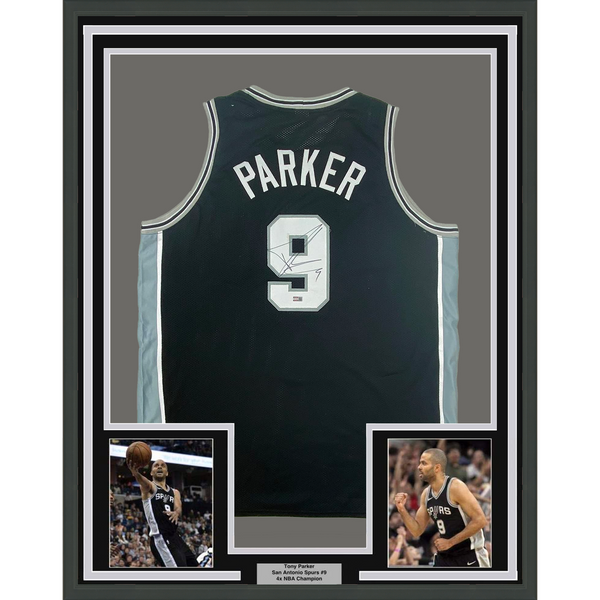 Framed Autographed/Signed Tony Parker 33x42 San Antonio Black Jersey Steiner COA
